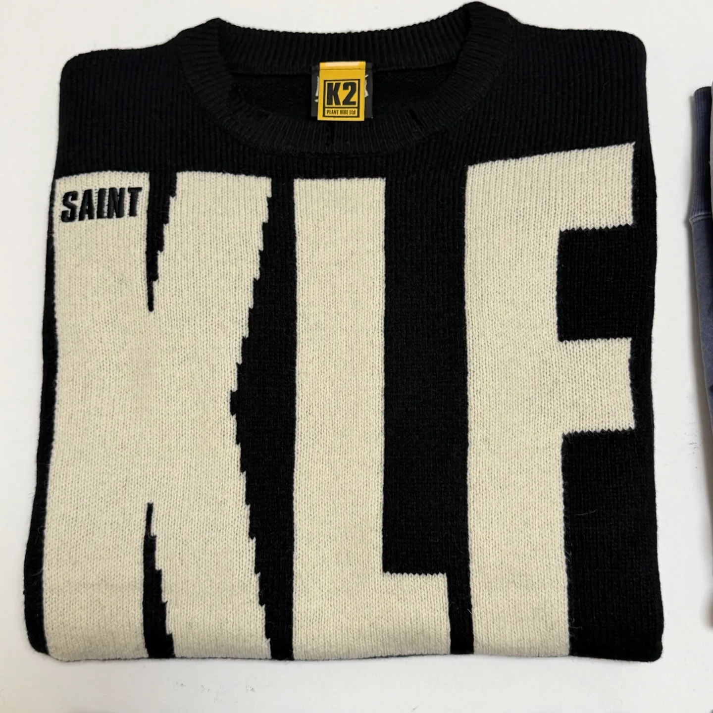 SAINT Mxxxxxx × The KLF KLF_CREW NECK KNIT/BLK KLF joint deconstructed wool sweater, black S-XL, original heel, made of 100% pure wool, natural and warm, wool fabric, dry cleaning or gentle hand washing recommended, completely correct version, customized KLF joint main mark/wash mark, imported special machine embroidery, full three-dimensional, pure hand destruction, deconstructed and shredded